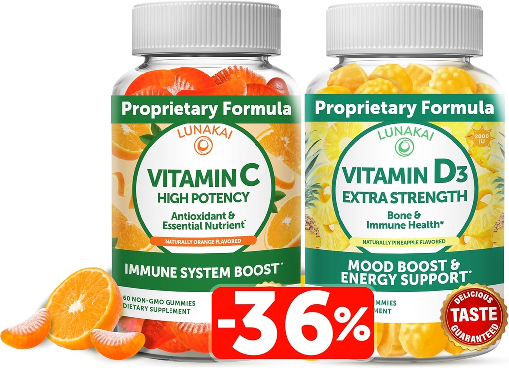 Lunakai Vitamin C og vitamin D3 Gummies Bundle - 300mg Økologisk, Ikke-GMO, Vegansk Chewable Gummy - Immunitet, Bein og Mood Support Supplement for voksne