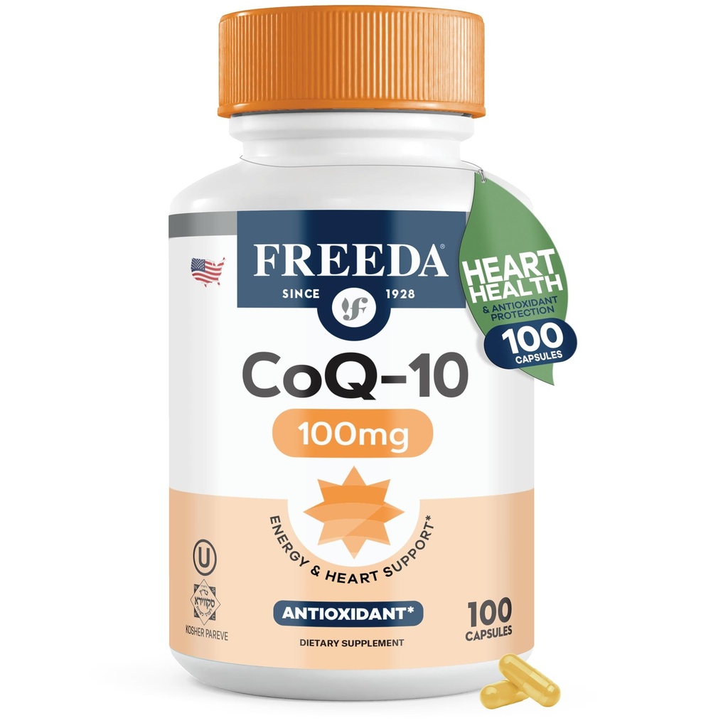 FREEDA CoQ10 100mg - Kosher Coenzym Q10 kosttilskudd for kardiovaskulær hjertehelse, blodtrykksstøtte, oral gum helse, og sunn aldring - ren CoQ10 kapsler, 100 count