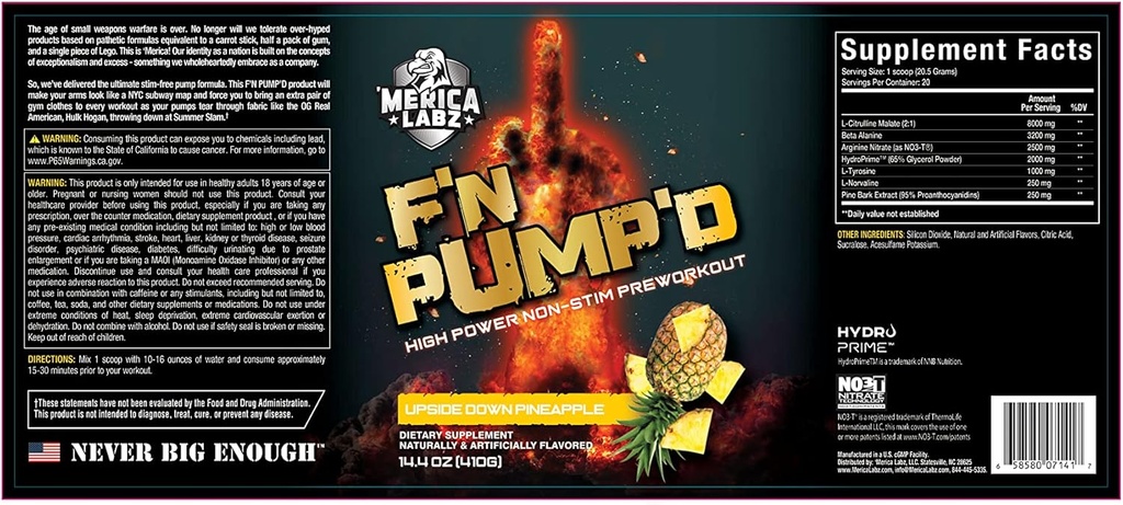 'Merica Labz F'N Pump'D stimulant gratis, nitrisk oksid, full dose, pumpe preworkout pulver (20 serveringer) (Upside Down Pineapple)
