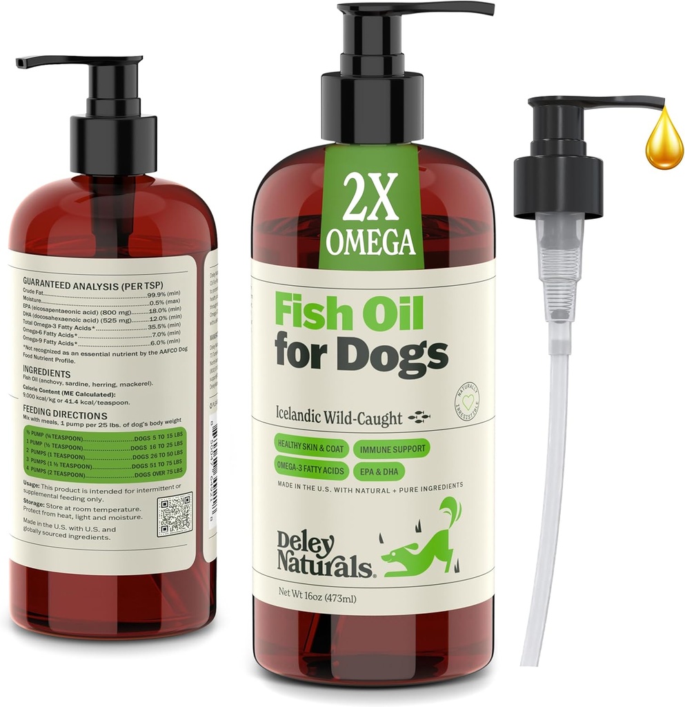 Deley Naturals Dog Fish Oil Islandsk 2X Omega - Hunde kliende hud relief med Omega 3 6 9 for allergier, Coat og hjerte - Omega 3 fisk olje for hunder irritasjon - 16oz Omega olje for hunder laget i USA