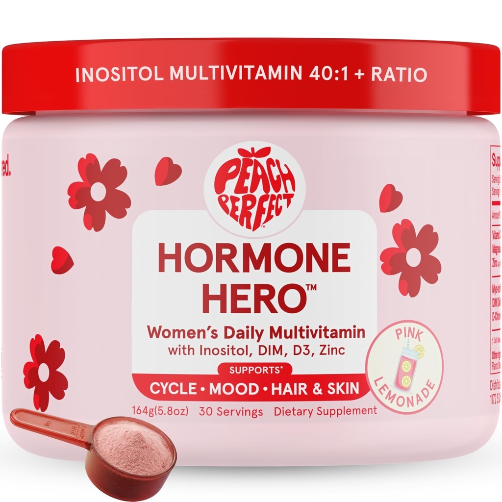 Peach Perfect Inositol Powder Multivitamin, Pink Lemonade Flavor - 4g Myo & D-Chiro Inositol, DIM, sink, magnesiumglycinat, vitamin D3 - støtter kvinners helse, syklus, energi, 30 SVG