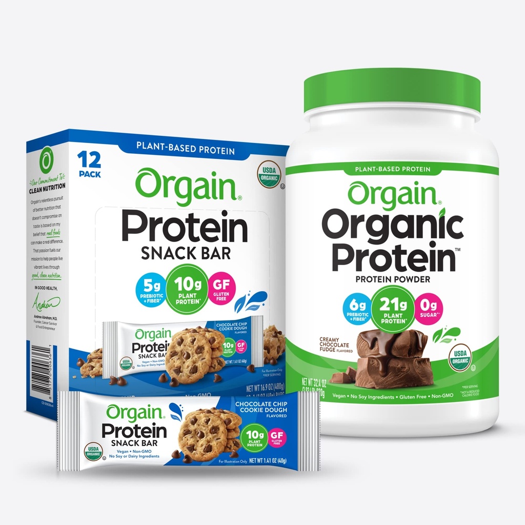 Orgain Organic Vegan Protein pulver og protein Bars Bundle (2.03lb + 12 greve)