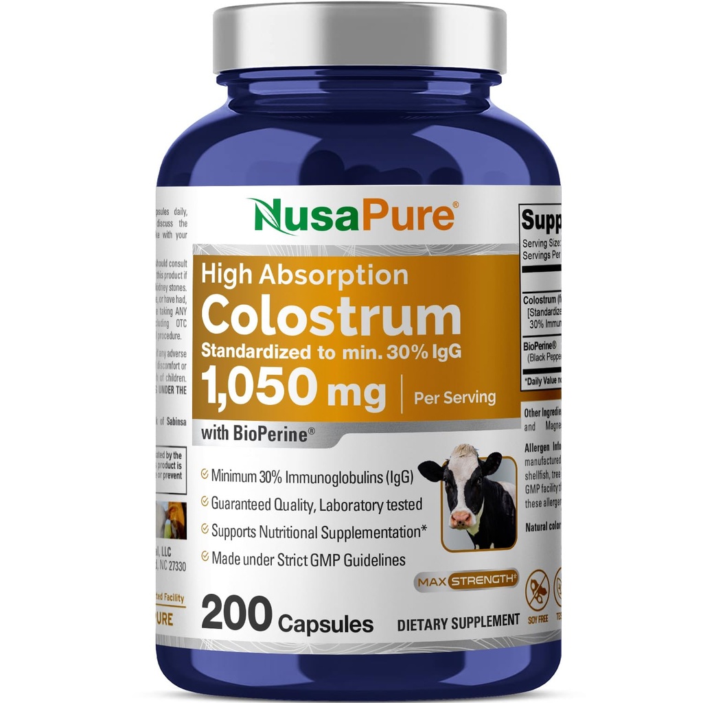 NusaPure Colossrum 1050mg 30% IgG 200 kapsler (Non-GMO, Sojafri) Bioperin