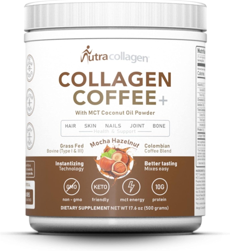 NUTRACOLLAGEN Peptid pulver med Premium Columbian kaffe; Grass-Fed; Keto vennlig, MCT kokosnøtt olje pulver, soya gratis, Glutenfri, sukkerfri, 40 mg kaffe /SVG; Mocha Hazelnut 25 serveringer