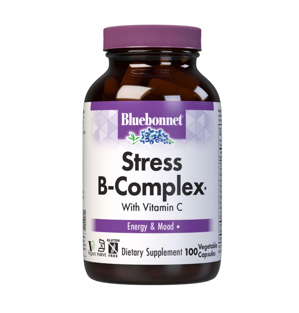 Blåbonnet Ernæring Stress Relief B Complex Grønnsaker Kapsler, Vitamin B6, B12, Biotin, Folat, Vegansk, Gluten & Soya & Melk Gratis, Kosher, Uslavored, 100 Count