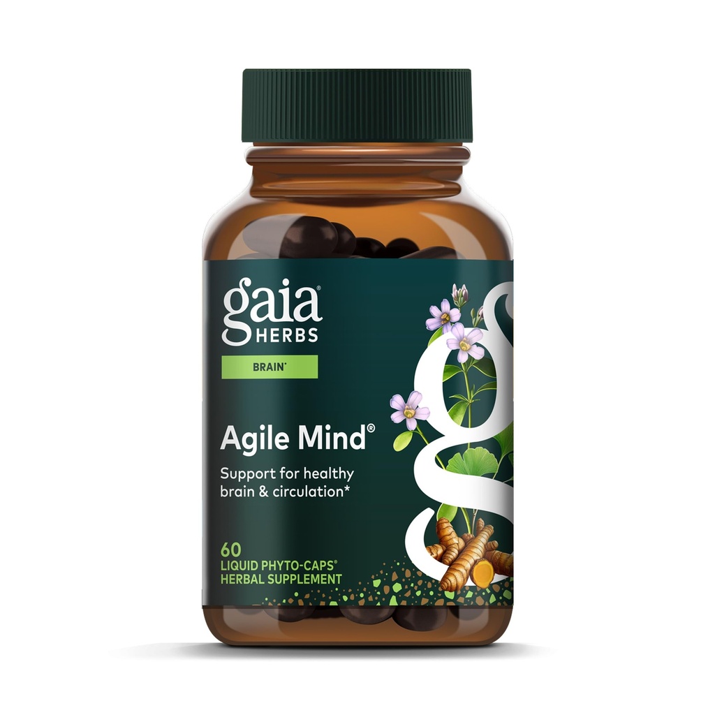 Gaia Herbs Agile Mind - Hjerne & Kognitiv støtte Herbal kosttilskudd - med organisk gurkemeie rot, Bacopa, svart pepper og Ginkgo Biloba - 60 Vegan flytende fyto-kapsler (30-dagers forsyning)