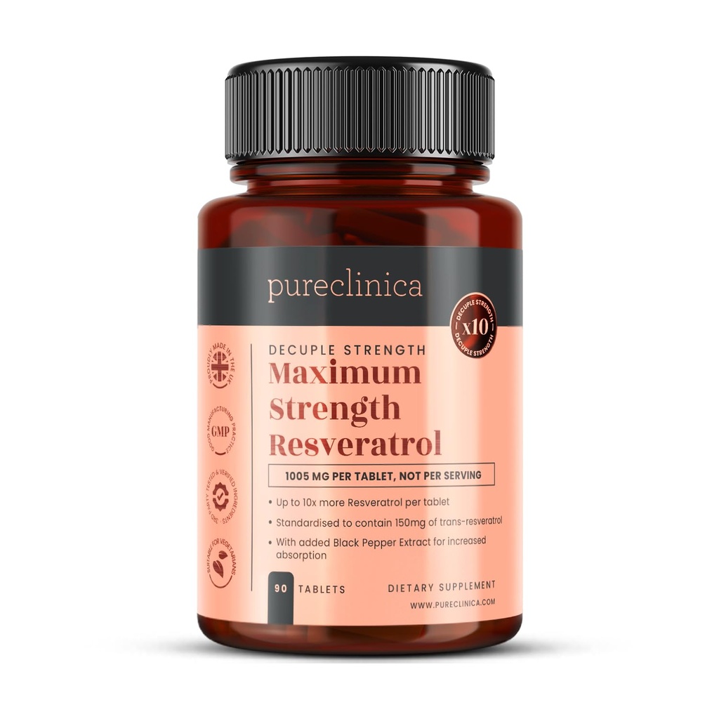 renclinica 1000mg Resveratrol x 90 tabletter (3 måneders forsyning). 10 x styrke med svart pepper pakke for raskere absorpsjon