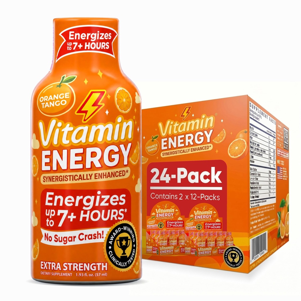 Vitamin energi immun + ekstra styrke energi Shot Orange Burst 24 Pack, 260mg naturlig koffein, B-vitaminer, Citicolin, Grønn te, immunitet og fokus støtte, Null sukker, Glutenfri 1,93 fl oz