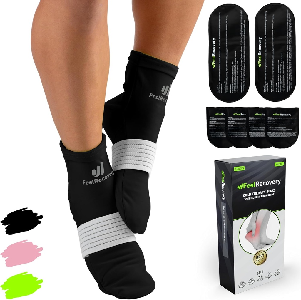 Ispakkesokker for føtter - Reusable Hot & Cold Therapy sokker m / kompresjon stropper - kald gel pakke for nevropati, fotsmerter, Plantar facilitis & Sprains (svart, L / XL)