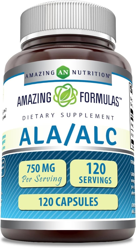 Amazing Formler ALA / ALC (Alpha Lipoic Acid / Acetyl L-Carnitine) Supplement |  750  750 Mg Per Serving | Kapsler | Ikke-GMO | Glutenfri | laget i USA (1 pakke, 120 greve)