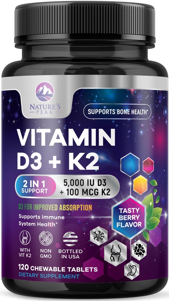 Vitamin D3 K2 - 5000 iu vitamin D3 & 100 mcg vitamin K2 (MK-7) Kompleks for immunstøtte - Bein, tenner og muskler helsestøtte - Berry Chewable, Glutenfri, ikke-GMO, flaske i USA - 120 tabletter
