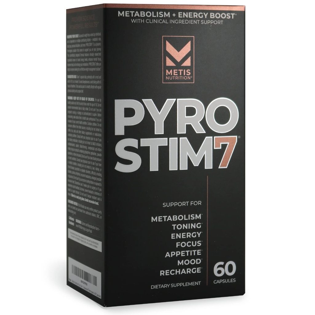 Pyro Stim 7 Metabolisme Booster fett tap støtte energiforsterkning - en gang-A-dag termogen med teakrine for fokus, aptitkontroll, muskeltoning og Mood Control (60 kapsler)