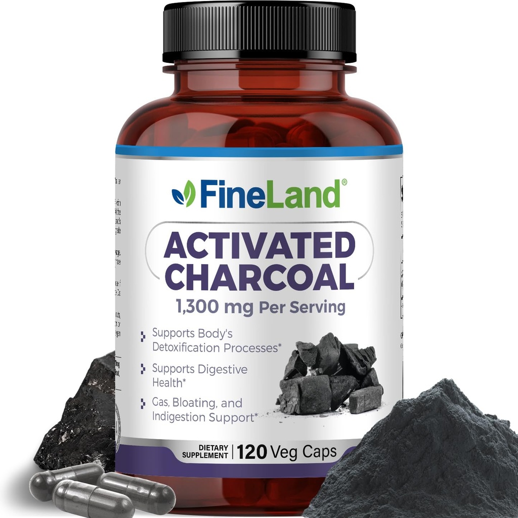 FineLand Aktivert Charcoal 1300mg - Avansert Digestive Detox Cleanse, Hjelper med gass og blooting, sirkulasjon og kolesterol støtte - Laget i USA, 120 Vegan piller