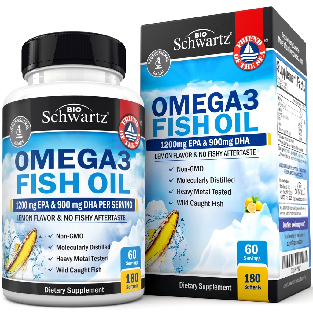 Triple Styrke Omega 3 Fiskeolje Supplement - 2250mg EPA DHA Omega 3 Fettsyrer fra fersk villt fanget fisk, Burpless sitron flavor formel støtter øyenhelse og mer, Glutenfri, 180 Softgels