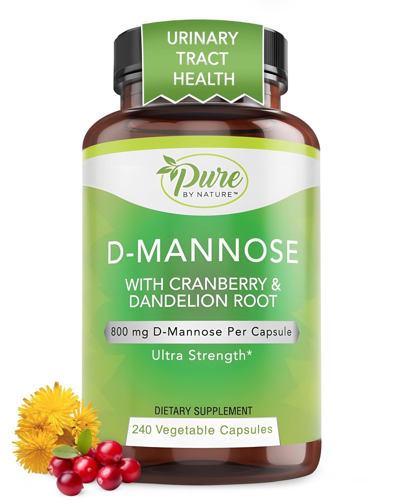 Pure by Nature 600mg D-Mannose Vegansk kapsler med Cranberry & Dandelion Extract, Urin Tract Helse støtte, Flush Impurity, Detox Kropp, 240 Count
