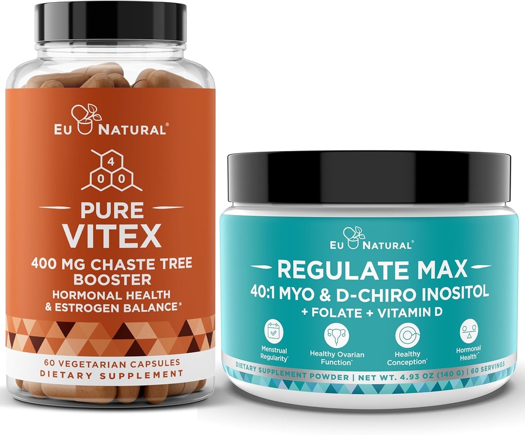 Vitex Chasteberry Capsules & Regulate Max Myo-Inositol D-Chiro Inositol pulver - Naturlig PMS & Fertilitet støtte, Balansehormoner, Regulate syklus - 60 Vegan Soft Capules + 60 Services Inositol pulver