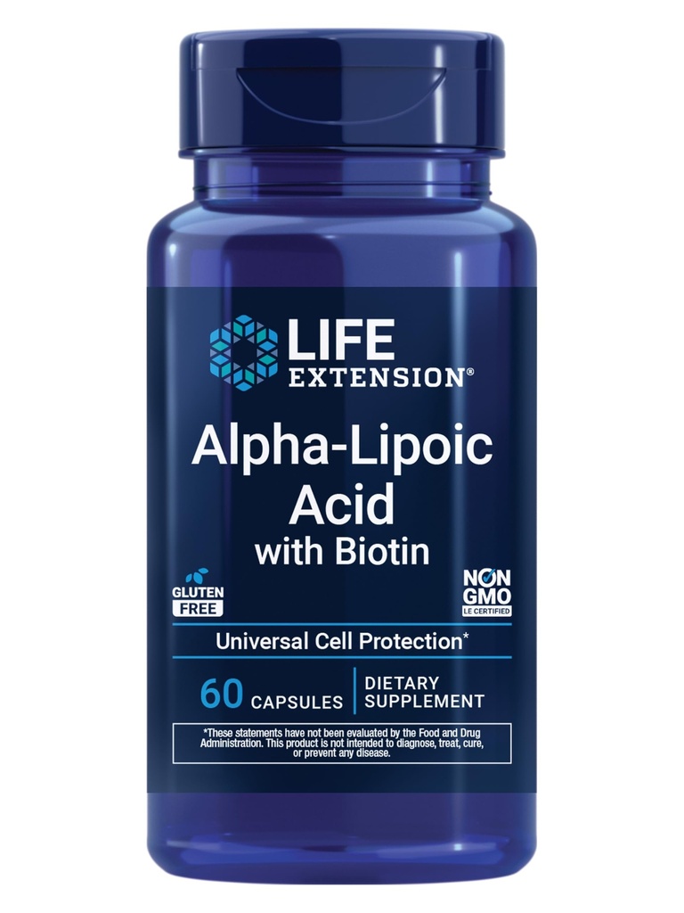 Alpha-Lipoic Acid med Biotin, for cellebeskyttelse, Universell antioksidant for lever og nerve helse, glutenfri, ikke-GMO, 60 kapsler
