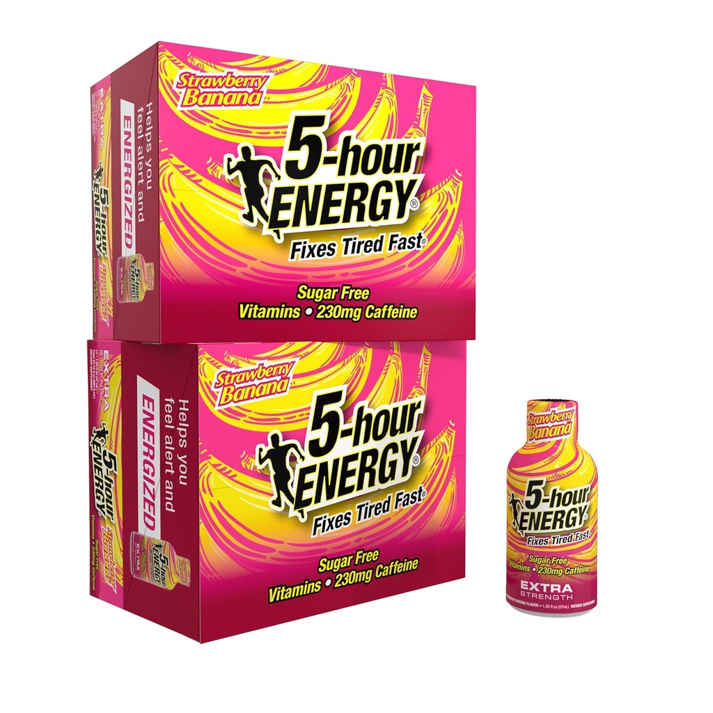 5-timers ENERGY Extra styrke Energy Shot, Strawberry Banana Flavor (1.93 oz., 24 greve) Sukkerfri & Zero kalorier, B-vitaminer og aminosyrer, 230 mg koffeinert energi Shot, kosttilskudd