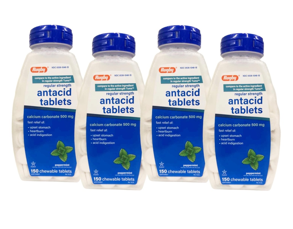 Rugby Kalsiumkarbonat 500 mg Antacide tabletter Peppermynte, Vanlig Strengh, 150 Chewable tabletter - 4 Pakke