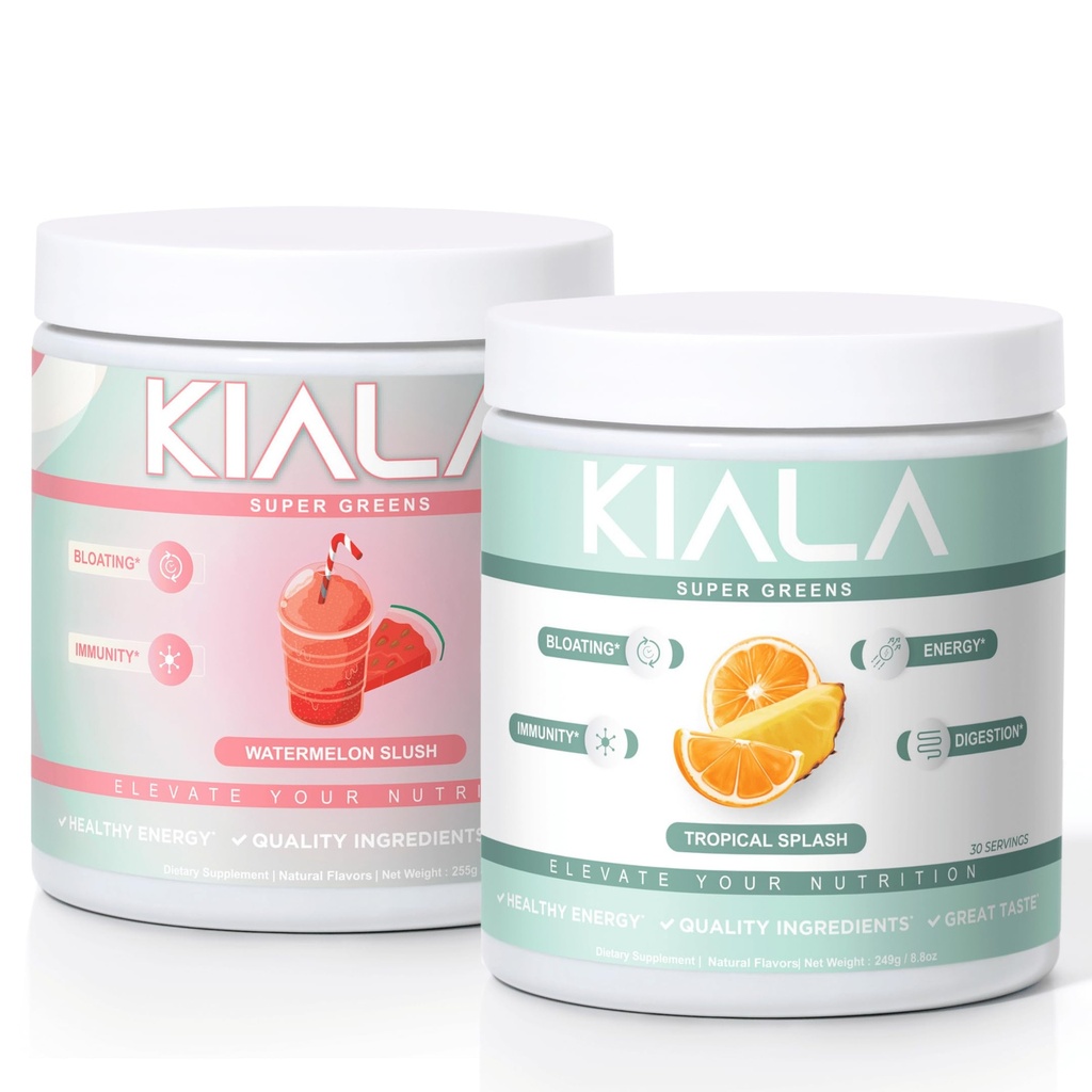 Kiala Ernæring Super Greens, Økologisk Grønn pulver, Spirulina & Klorella Superfood pulver, Sukker & Glutenfri Vegan, Spectra Blande, Vannmelon & Tropisk Slush 2 Pack