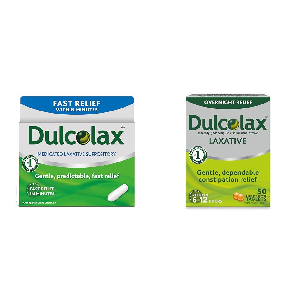 Dulcolax Fast Relief Medisjert Laxativ Suppositories Fast Relief, Rektal bruk Kun, Bisacodyl, 10 mg og overnatting Relief Laxativ for Gentle Revenue Relief, Bisacodyl 5 mg Tabletter, 50 greve