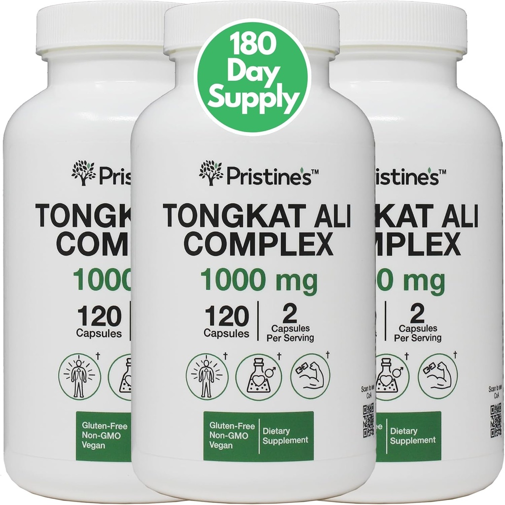 PRISTINE 'S Tongkat Ali 1000MG Extract Capsule Supplement (3-Pack) -30 dagers forsyning - Atletisk ytelsesstøtte - Mens Helse & Lean Muscle Mass - Immunitetsstøtte