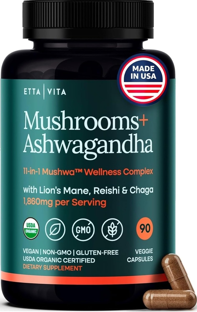 USDA Organic Lions Mane Supplement Kapsler med Ashwagandha, Chaga, Reishi, Cordyceps, Tyrkia Tail (18.600mg/serv) 10x Adaptogen Moshroom Kompleks som Focus Supplement - Energi, Immunitet & Nootropic