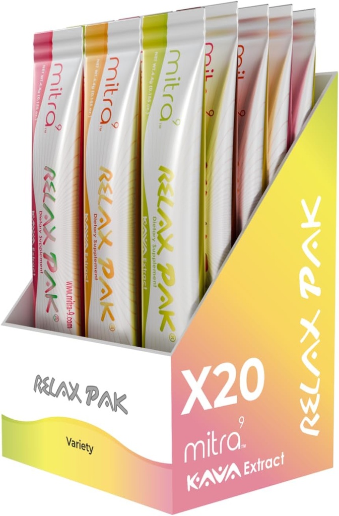 Mitra9 Kava Powder RelaxPak - Variety Pack Kava Extract pulver pakker | Mood Enhancer | Plant Basert | Fremmer naturlig ro og klarhet | Easy Open Single-Serving Stick (20)