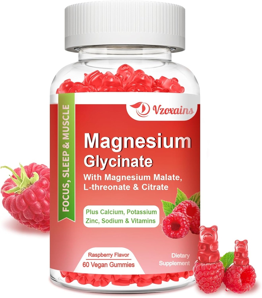Magnesium Glycinat Gummies 600 mg, Magnesium Gummies for voksne og barn, Støtte for avslapping og muskel, 60 bringebær Flavored Gummies