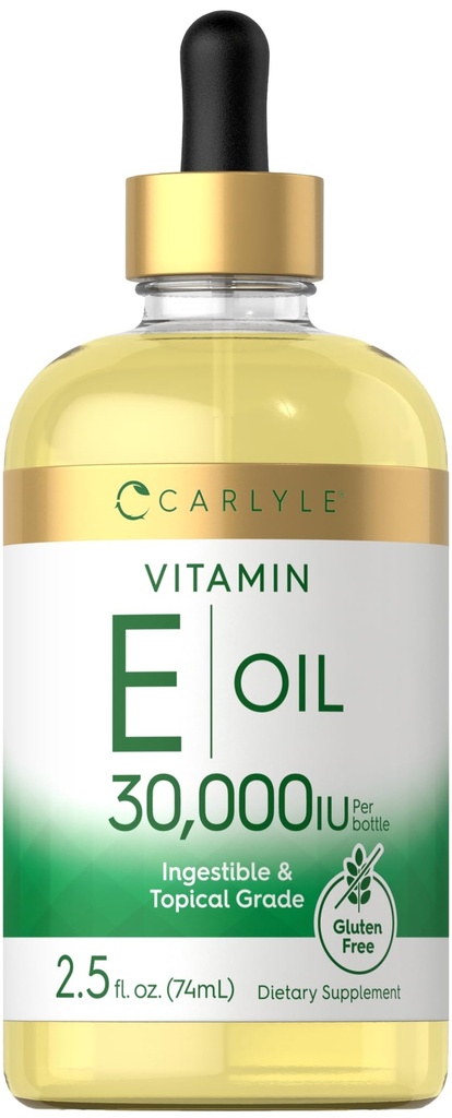 Carlyle Vitamin E Olje | 30.000 IU | 2,5 fl oz | Ingestabel & Topical Grade | Moisturizing for huden | Vegetarisk, ikke-GMO, Glutenfri Supplement
