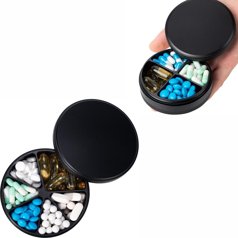 6 Compartment Pill Organizer & 4 Compartment Pill Box - Vanntett Metal Pill Organizer, Aluminium legering rund daglig medisin Container for vitamin, medisin, kosttilskudd, fiskeolje