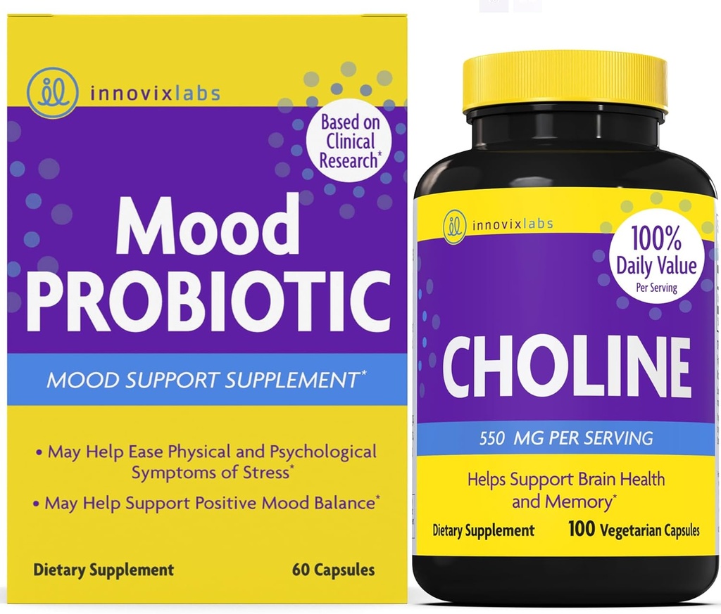 InnovixLabs Choline & Mood Probiotic Bundle Choline Bitartrat 550 mg (100 kapsler) Mood Probiotic (60 kapsler). Støtter hukommelse, humør, hjernens helse og økt kognitiv.*