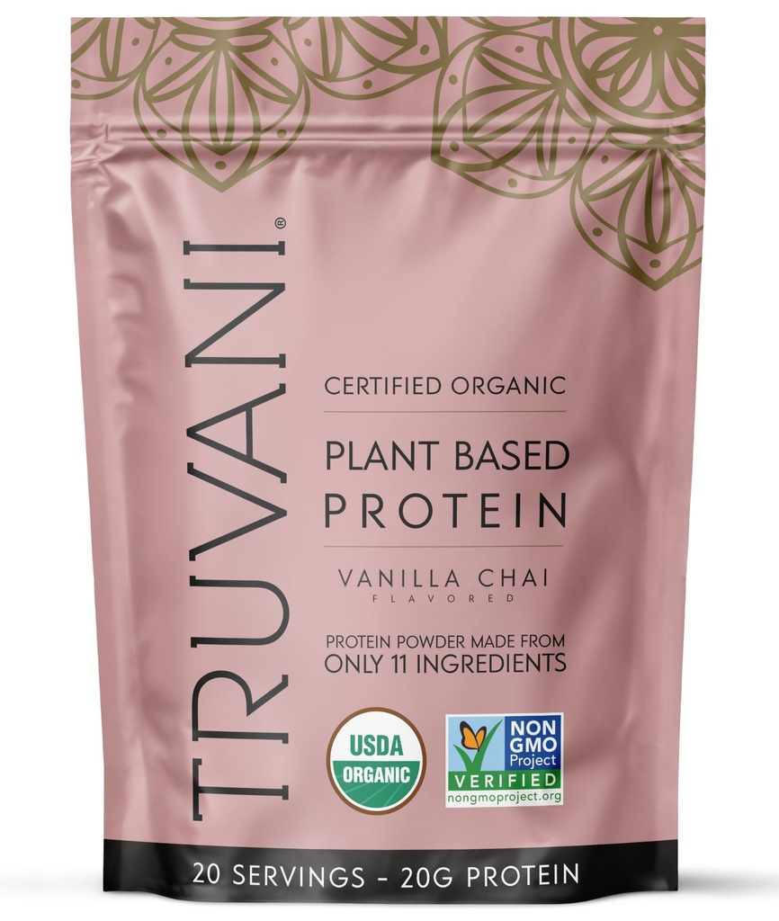 Truvani Vegan Pea Protein pulver | Vanilla Chai | 20g Organisk Plante Basert Protein | 20 serveringer | Keto | Gluten & Dairy Gratis | Lavkarbohydrat | Nei tilsatt sukker