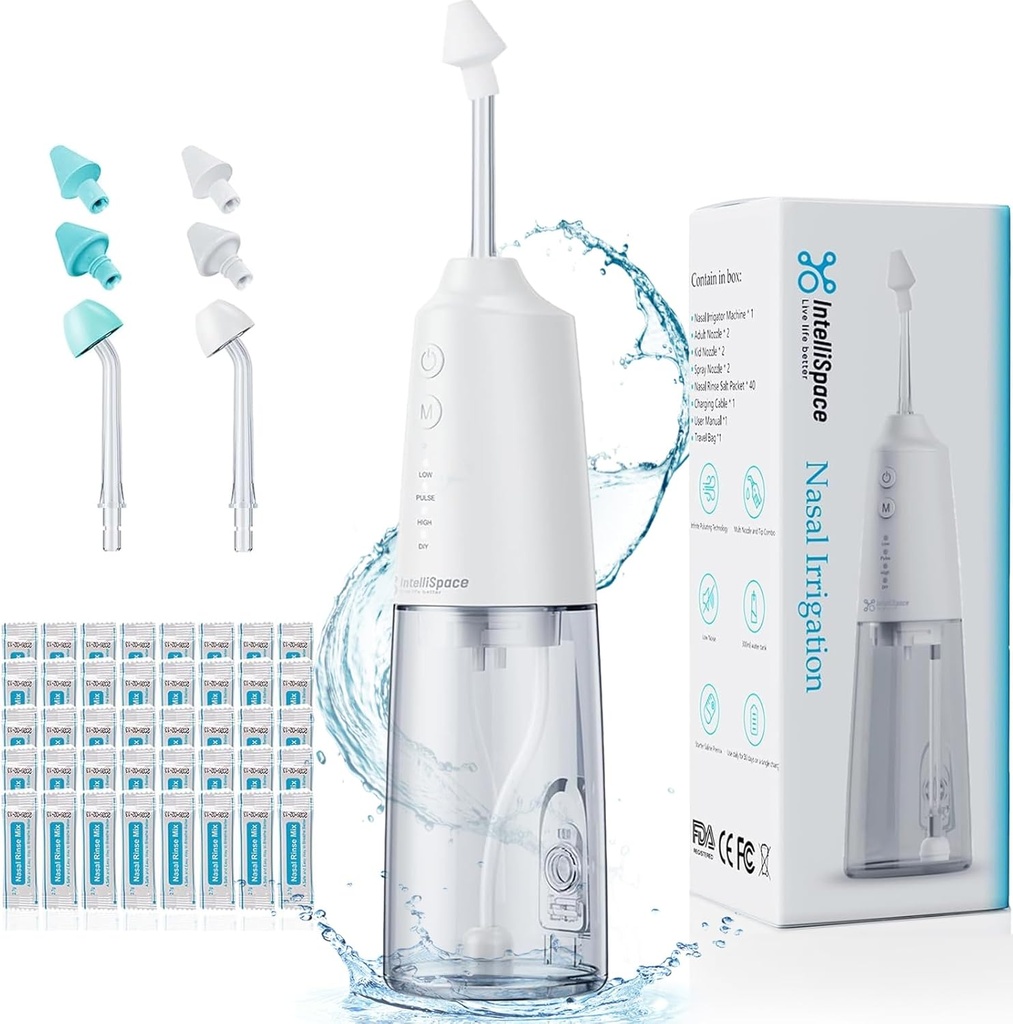 Nasal irrigasjonssystem Bærbar trådløs nasal rensemaskin for sinus allergi relief Nasal Care - Elektrisk Neti Pot for Nasal irrigasjon - Sinus rensesett med 6 nozzler 40 saltpakker