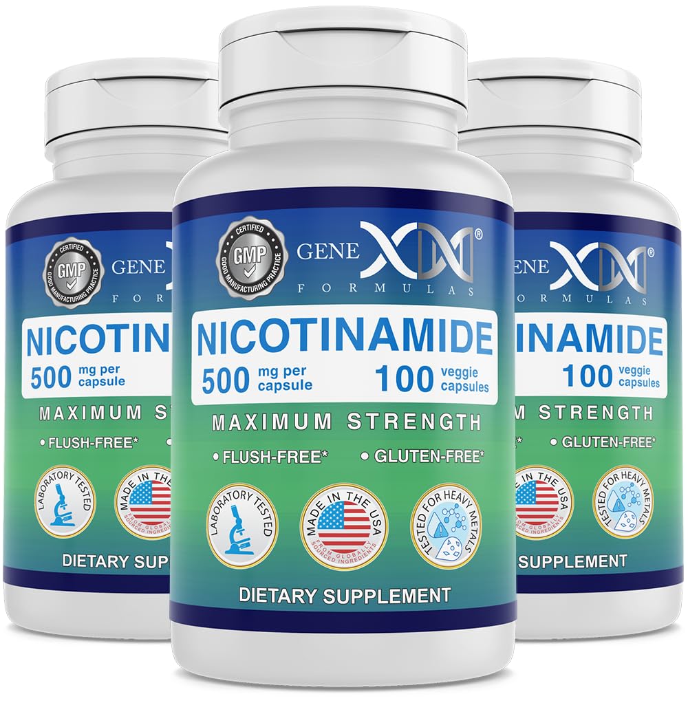 Genex Formler Nikotinamid 500mg (3-Pack) vitamin B3 Flush gratis niacin kapsler for sunn hud - Niacinamid Supplement piller bidra til å produsere keratin & støtte hudcelle helse og energi (300 kapsler)