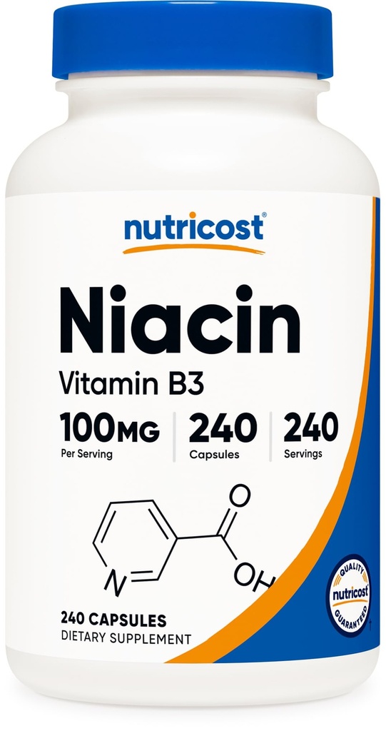 Nutricost Niacin (Vitamin B3) 100 mg, 240 kapsler - med flushing, ikke-GMO, Glutenfri