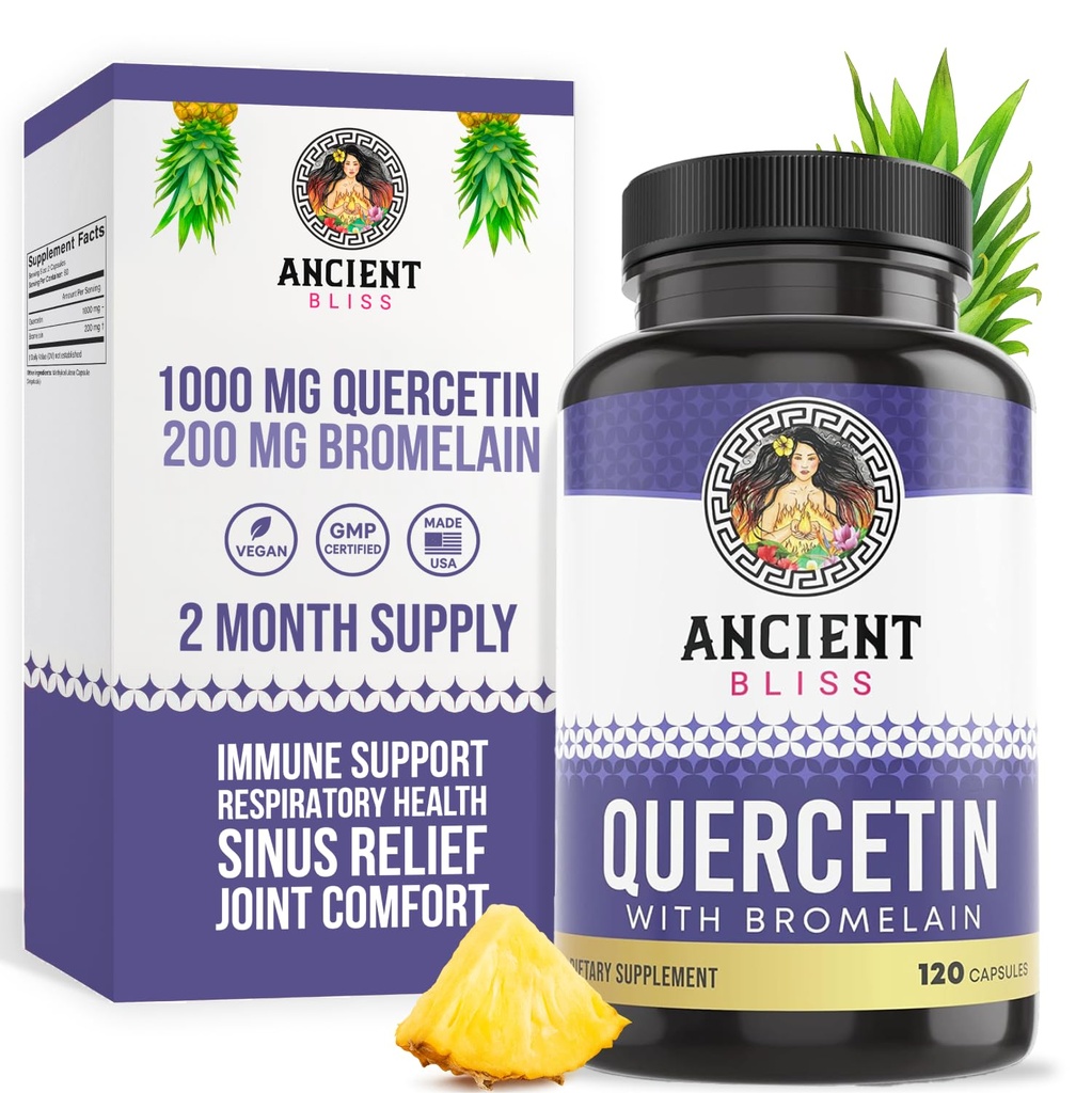 Gamle Bliss Quercetin med Bromelain  Qu Quercetin 1000mg Bromelain 200mg per servering | støtter immunsystemet, felles helse, pustende helse og generelt velvære – 120 kapsler
