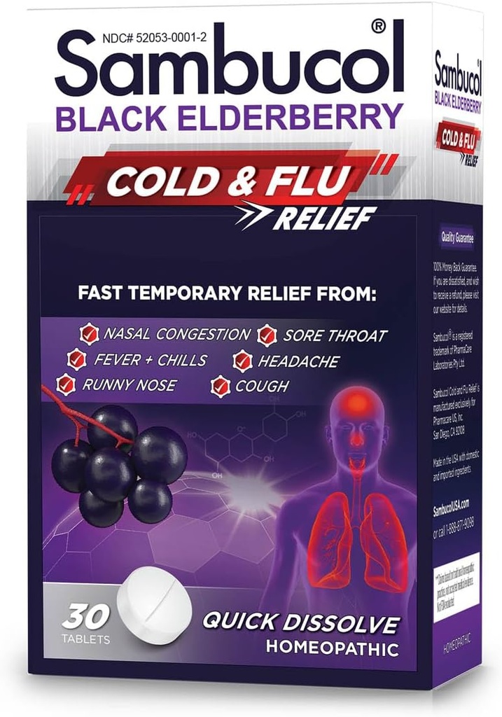Sambucol Cold og influensa Relief Tabletter - Homøopatisk kald medisin, kald remedi for voksne, svart eldrebær for forkjølelse, sink kald remedi - 30 greve