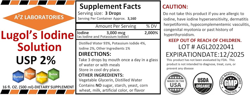 A2Z Organic Lugols jod og Kalium jodid 2% løsning 3000 mhg - flytende kosttilskudd dråper for tyroid støtte for kvinner og menn, metabolisme helse, Detox Boost -16 fl Oz / USA / ships i dag! (2 PK)