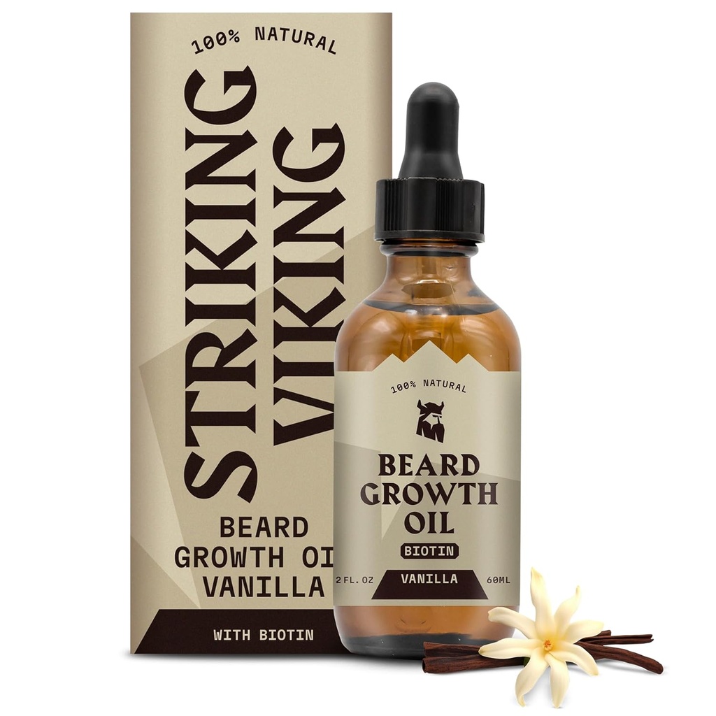 Striking Viking Beard Growth Oil med Biotin - 2 Fl Oz, Vanilla - Tykking, Betingelse Biotin Beard Olje Serum for menn med Argan & Jojoba - Ansiktshårvekst Serum for menn