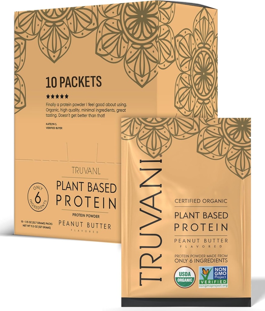Truvani Vegansk Era Protein pulver | Peanut Smør | 20g Organic Plant Basert Protein | Single Serving reisepakker | 10 Serveringer | Keto | Gluten & Dairy Gratis | Lavkarbohydrater | Nei Lagt Sukker