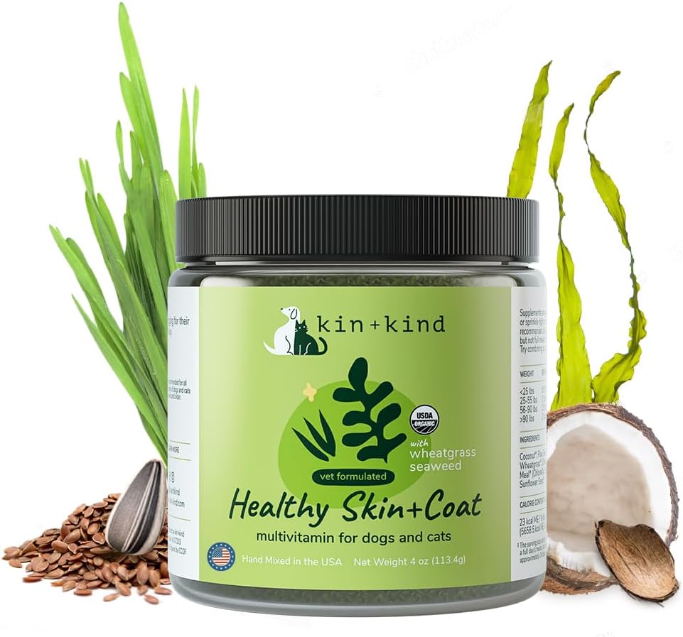 kin+kind organisk multivitamin for hunder og katter - Kjæledyr Supplement for sunn hud og Coat - Sikker, naturlig formel med Wheatgrass, Kelp, Seaweed og Coconut - laget i USA - 4 oz (medium)