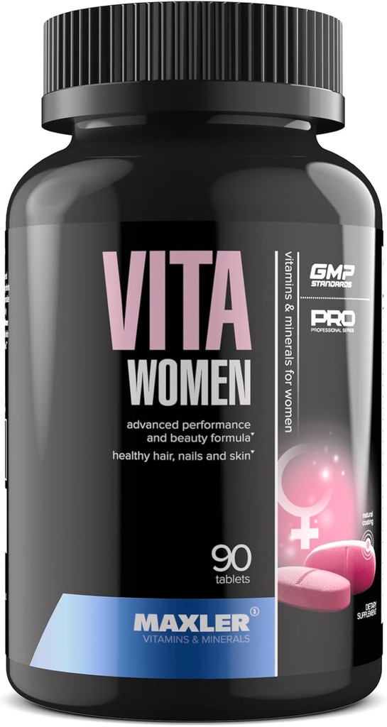 Maxler VitaWomen Premium Multivitamin for kvinner - Kosttilskudd for kvinner - Hårhud og negler Vitaminer A B C D E K, Omega-3, Biotin, Antioksidanter, Enzymer - 90 tabletter