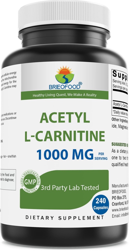 Brieofood Acetyl L-karnitin 1000 mg Per servering- 240 kapsler. Glutenfri, ikke-GMO.