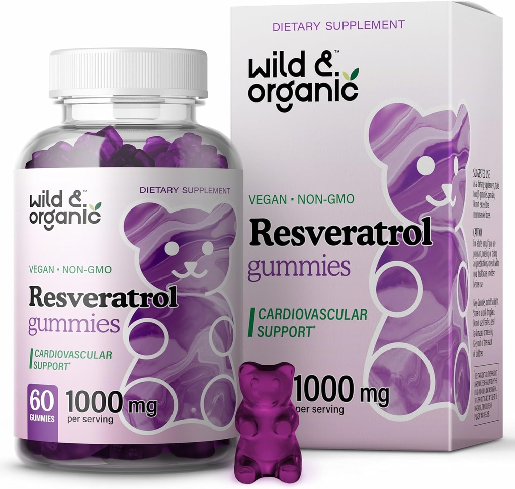 Wild & Organic Resveratrol Gummies 1000mg - Trans Resveratrol Supplement for Antioksidant, Hjerne, Immunstøtte - 60 Vegan, Ikke-GMO Antioksidant Gummies
