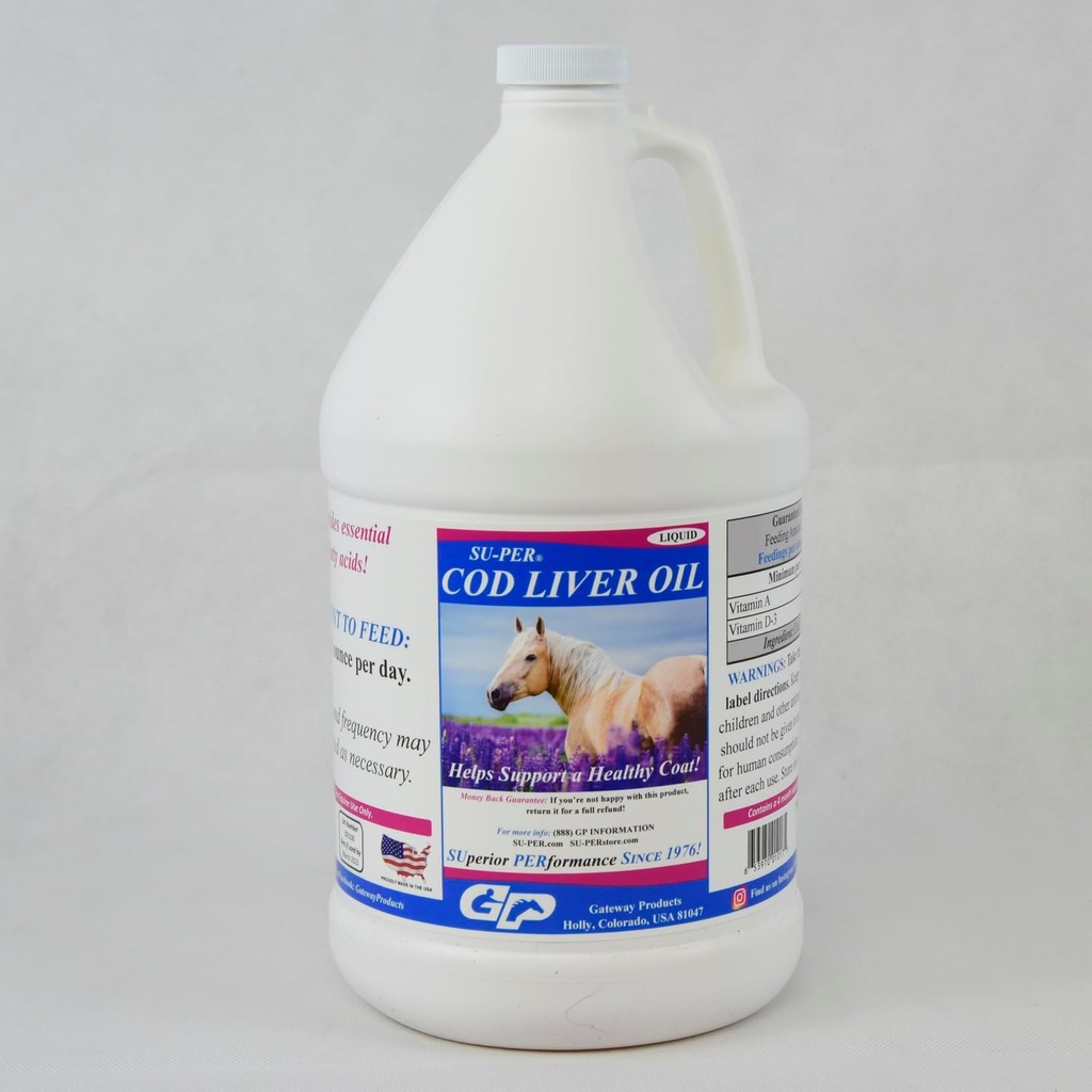 SU-PER Cod leverolje for hester - Horse Oil Supplement med essensielle fettsyrer, Omega 3, vitaminer A & D - støtter sunn hestekjøtt og hud - 1 gallon, 4 måneders forsyning