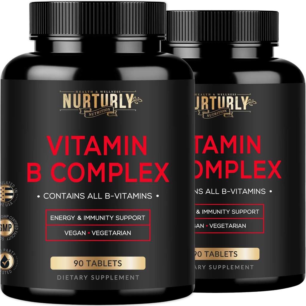 Vitamin B-kompleks - Inneholder alle essensielle B-vitaminer - B1, B2, B3, B5, B6, B7, B9, B12 og Biotin - Super B-kompleks vitaminer for energi, immunitetsstøtte - 180 tabletter