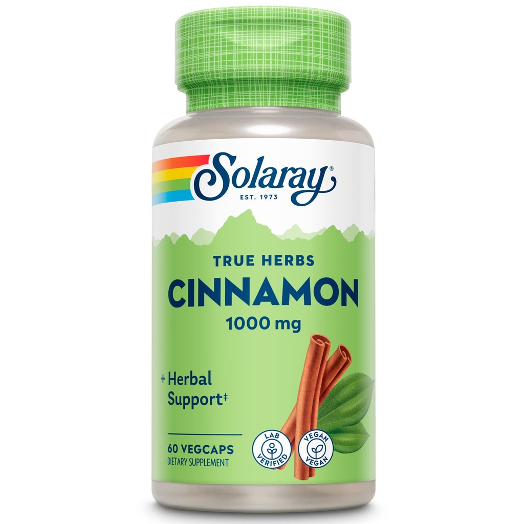 SOLARAY True Herbs Cinnamon Bark 1000mg - Ground Cinnamon Supplements - Herbal støtte for total velvære - Ikke-GMO Prosjekt Verifisert - Vegan Capsules, 60-dagers garanti - 30 Services, 60 VegCaps
