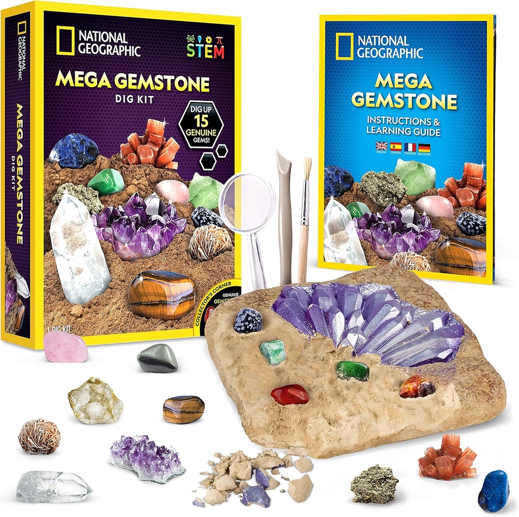 GEOGRAFHIC Mega Gemstone Dig Kit - Dig opp 15 ekte Gemstones og krystaller, vitenskapssett for barn, Gem Digging Kit, Gave til jenter og gutter, Gruvesett, Rock Collection