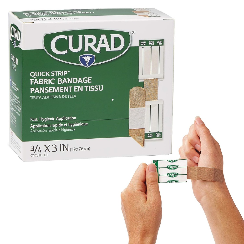 CURAD Quick Strip Sterile Bandages med rask applikasjon, 3/4" x 3", Box 100